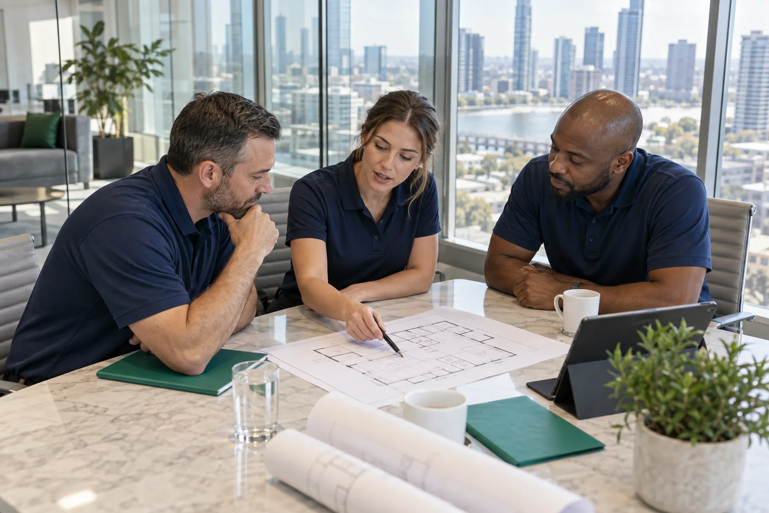 Illustrative regional team reviewing plans together around a meeting table
