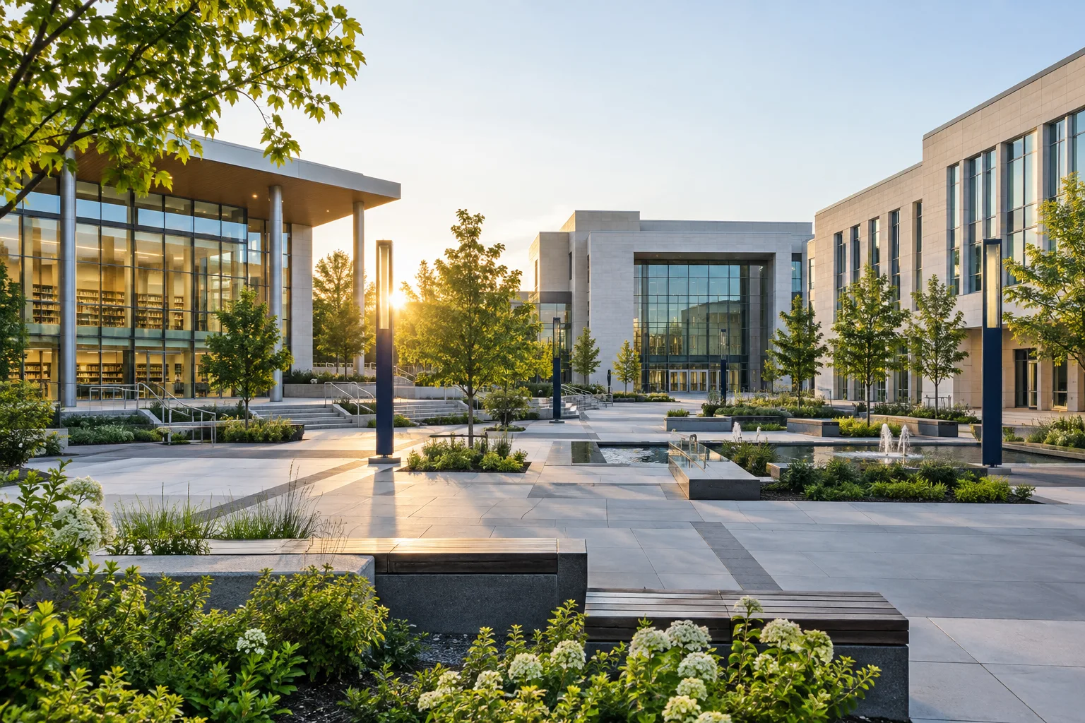 A landscaped campus with multiple public buildings