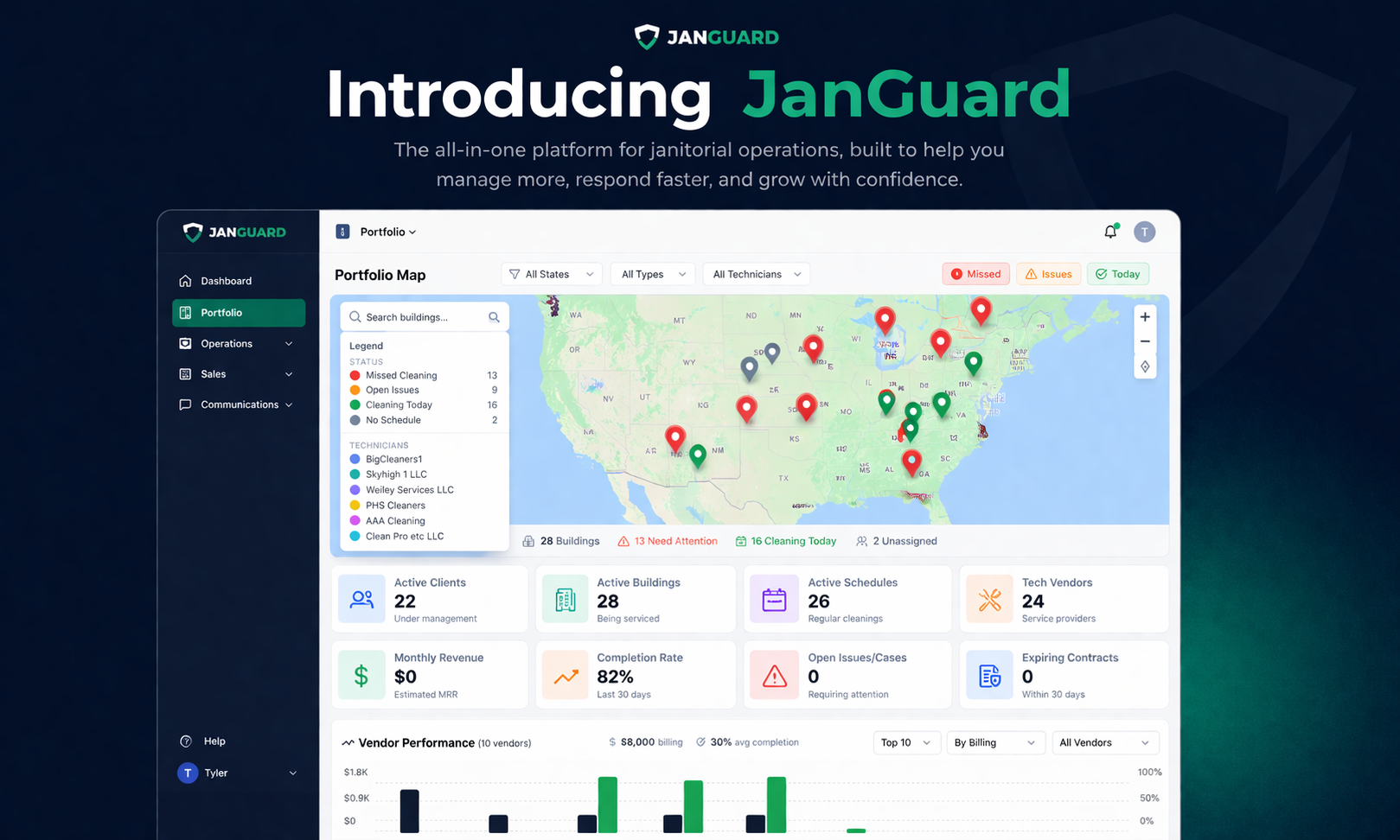 JanGuard portfolio dashboard preview with a building map, missed-cleaning and open-issue indicators, schedules, vendor counts, and a vendor-performance chart.