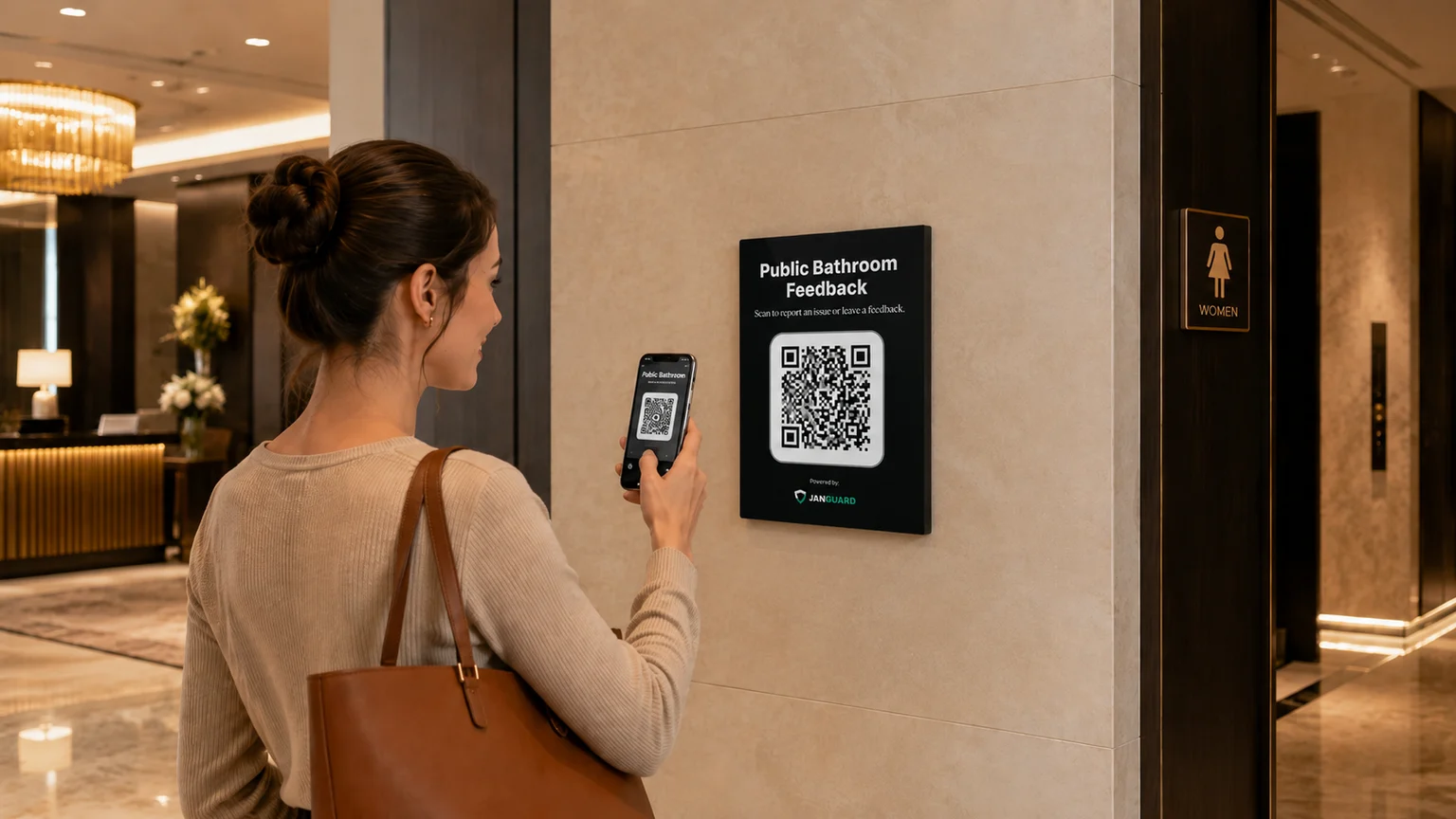 A visitor scanning a JanGuard public bathroom feedback board near a restroom entrance