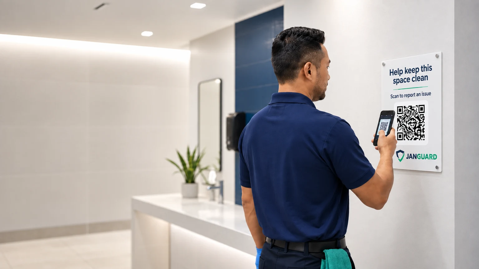 A person scanning a JanGuard wall board to report an issue or leave feedback