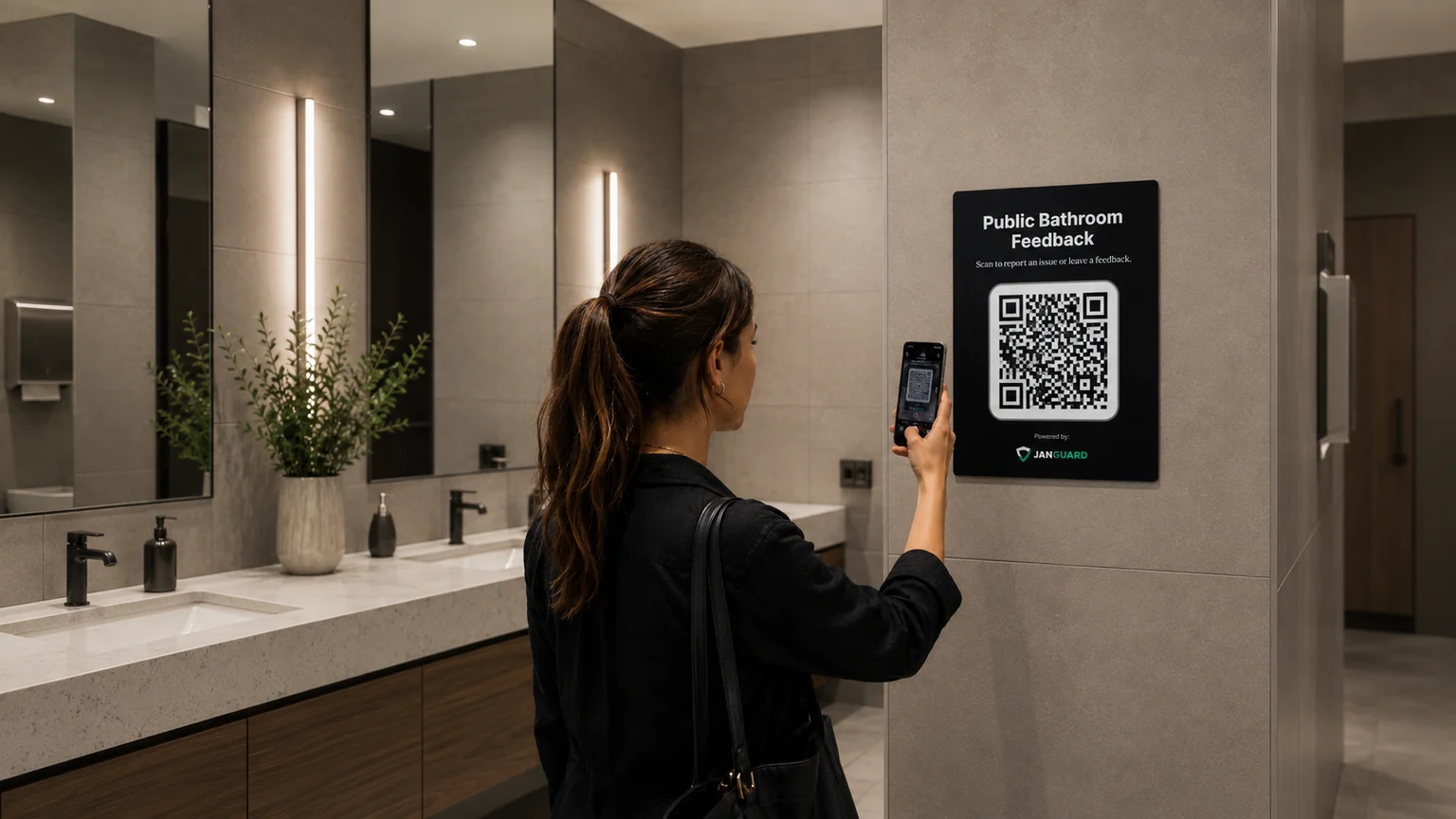 A woman scanning a public bathroom feedback QR board in a restroom