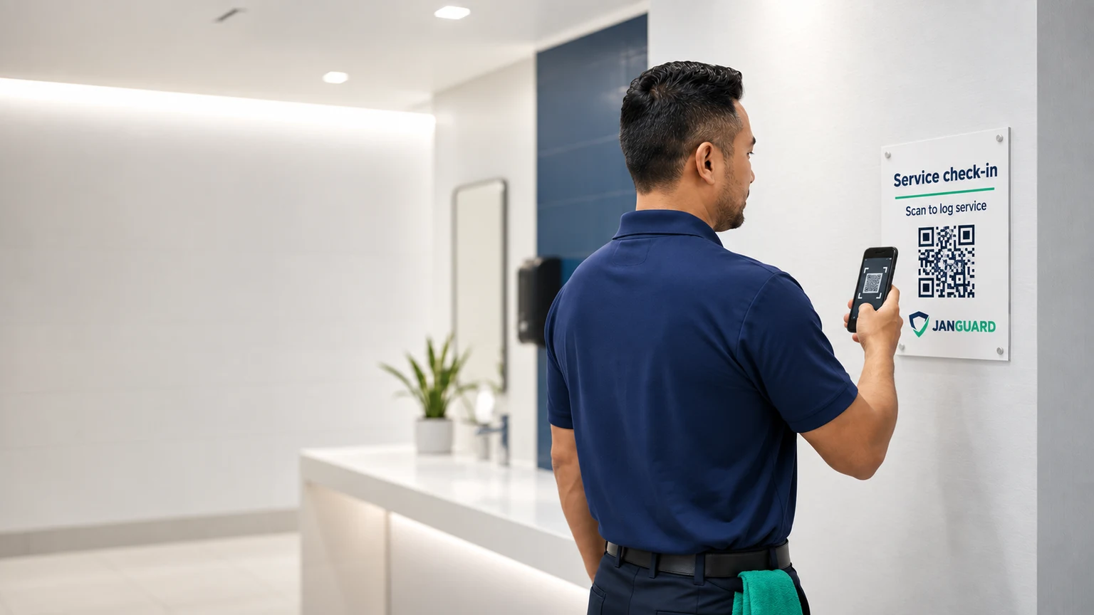 A cleaning professional scanning a wall-mounted service-report QR board