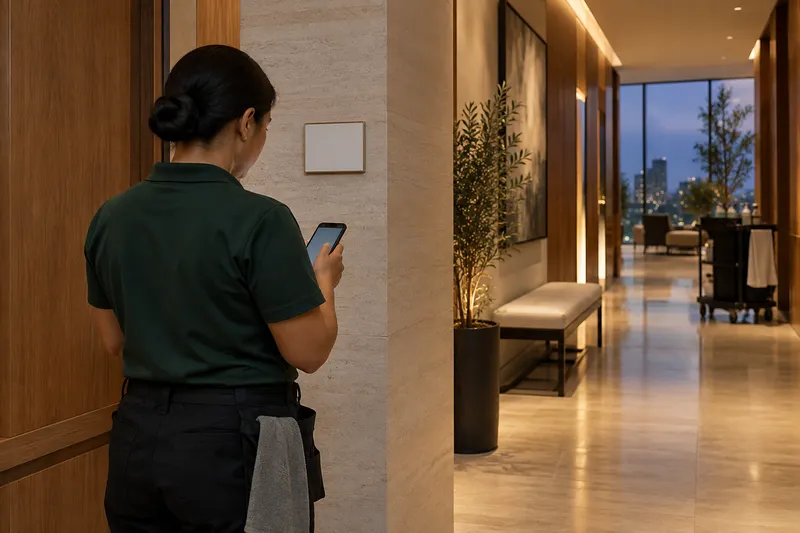 Illustrative service team scanning a location placard